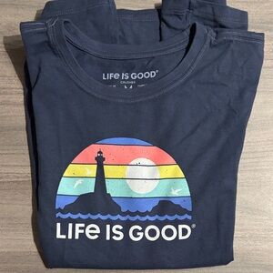 Life Is Good Navy Tee with Rainbow Lighthouse Design